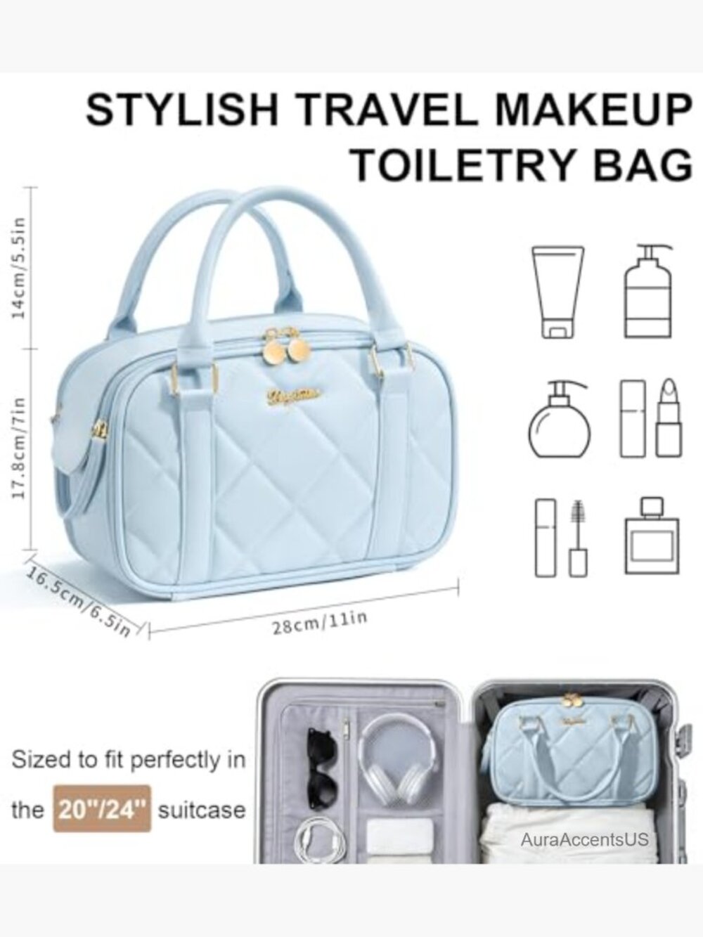 Large Capacity Quilted Toiletry Bag Stand-up Cosmetic Case Organizer with - Picture 3 of 6